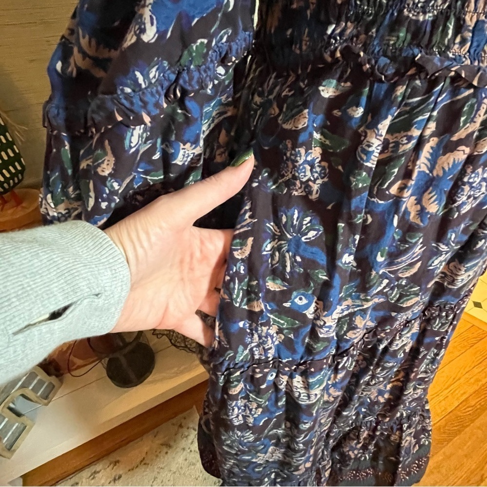 Sea New York Noah Floral Bird Print Smocked Long Sleeve Midi Dress Sz 4 Cotton - Picture 6 of 9